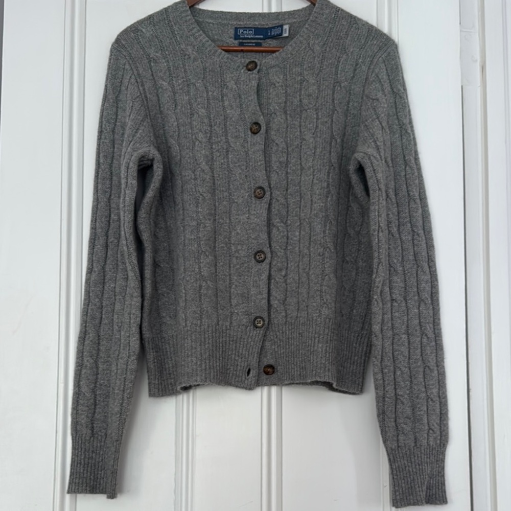 Polo Ralph Lauren Grey CASHMERE (L)Cable-Knit SFA Crewneck Cardigan -Like New - Picture 3 of 14